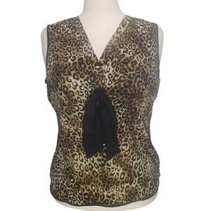 VTG Alfani Silk Leopard Print Sleeveless Top Bow Trim Womens 14 Business Casual